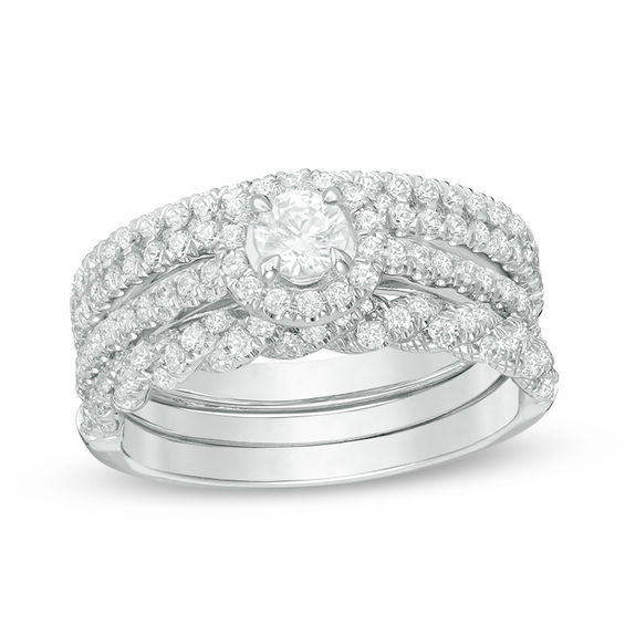 1-1/4 CT. T.w. Diamond Frame Three Piece Bridal Set in 14K White Gold