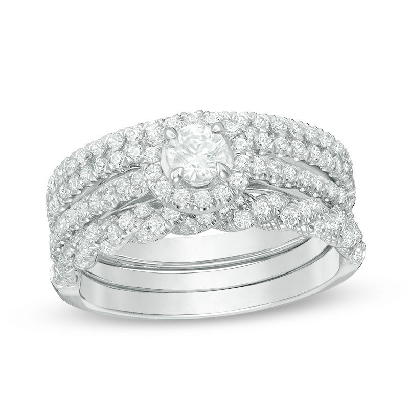 Main Image 1 of 1-1/4 CT. T.W. Diamond Frame Three Piece Bridal Set in 14K White Gold