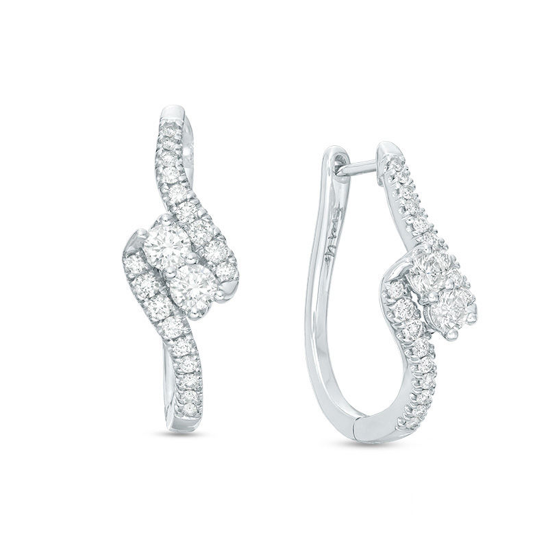 Ever Us® 1 CT. T.W. Two-Stone Diamond Bypass Hoop Earrings in 14K White Gold