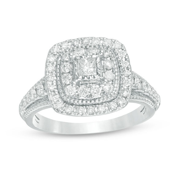 3/4 CT. T.w. Princess-Cut Diamond Double Frame Vintage-Style Engagement Ring in 14K White Gold