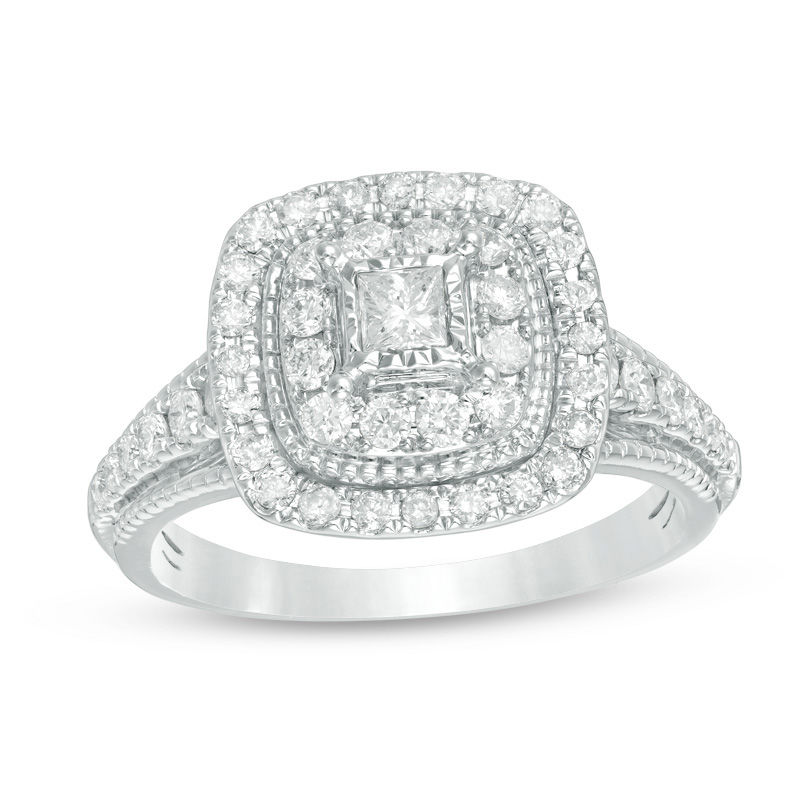 Main Image 1 of 3/4 CT. T.W. Princess-Cut Diamond Double Frame Vintage-Style Engagement Ring in 14K White Gold