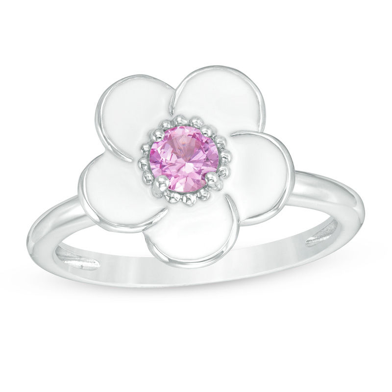 Main Image 1 of Lab-Created Pink Sapphire with White Enamel Plumeria Ring in Sterling Silver