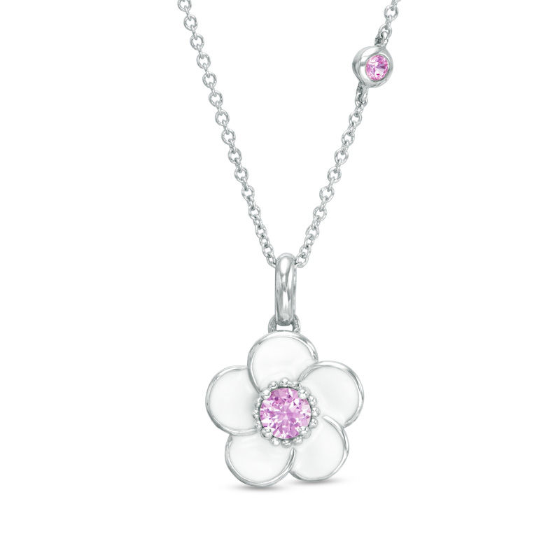 Main Image 1 of Lab-Created Pink Sapphire with White Enamel Plumeria Pendant in Sterling Silver