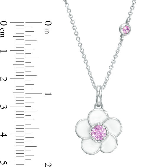 Lab-Created Pink Sapphire with White Enamel Plumeria Pendant in Sterling Silver