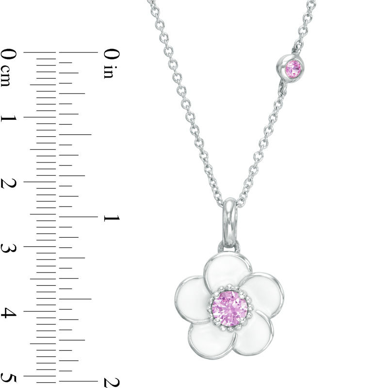 Main Image 2 of Lab-Created Pink Sapphire with White Enamel Plumeria Pendant in Sterling Silver