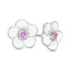 Thumbnail Image 1 of Lab-Created Pink Sapphire with White Enamel Plumeria Stud Earrings in Sterling Silver
