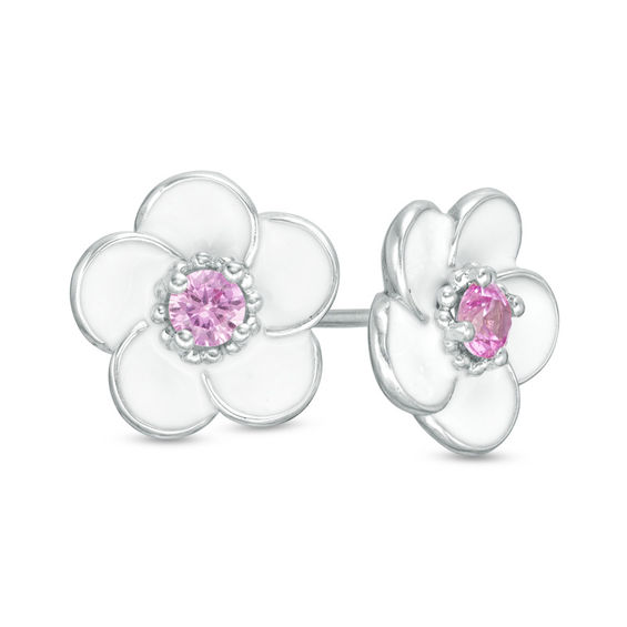 Lab-Created Pink Sapphire with White Enamel Plumeria Stud Earrings in Sterling Silver