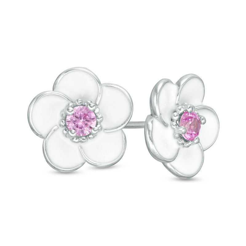 Main Image 1 of Lab-Created Pink Sapphire with White Enamel Plumeria Stud Earrings in Sterling Silver