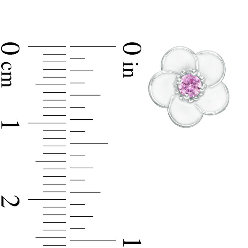 Main Image 2 of Lab-Created Pink Sapphire with White Enamel Plumeria Stud Earrings in Sterling Silver