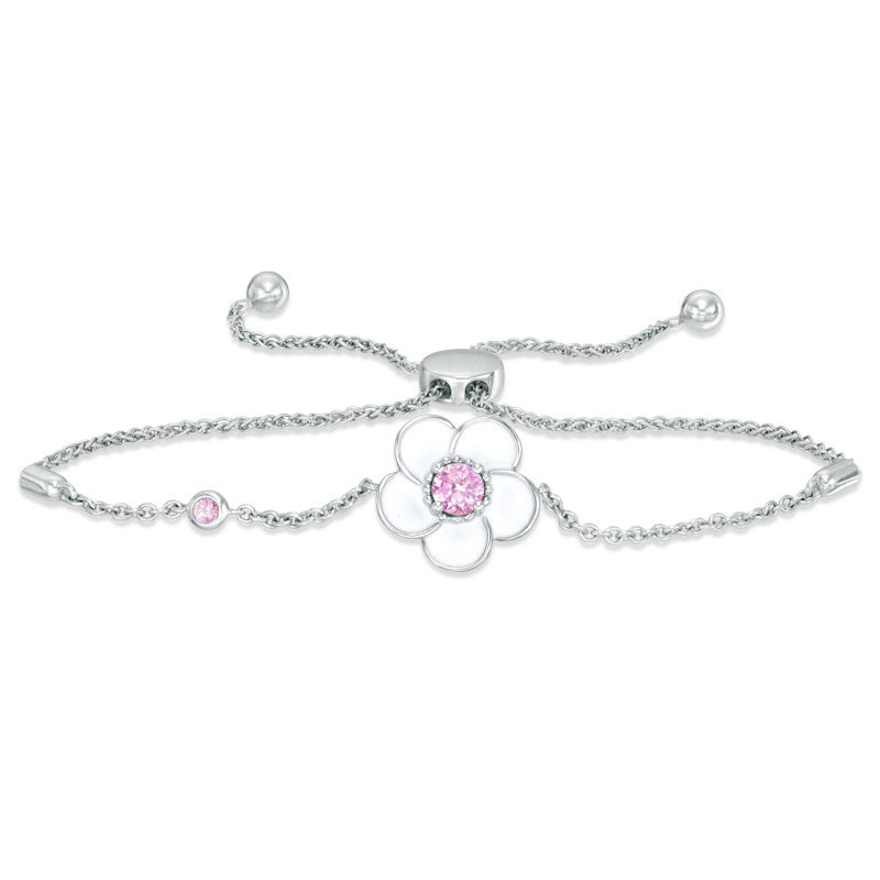Main Image 1 of Lab-Created Pink Sapphire with White Enamel Plumeria Bolo Bracelet in Sterling Silver - 9"