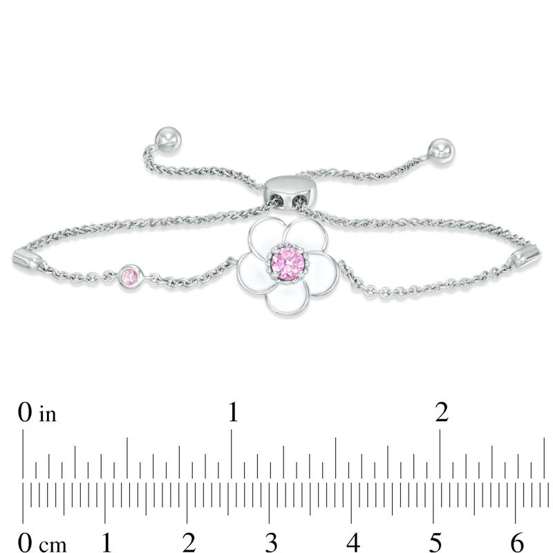 Main Image 2 of Lab-Created Pink Sapphire with White Enamel Plumeria Bolo Bracelet in Sterling Silver - 9"
