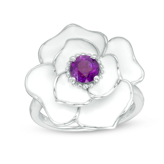 Amethyst with White Enamel Rose Ring in Sterling Silver