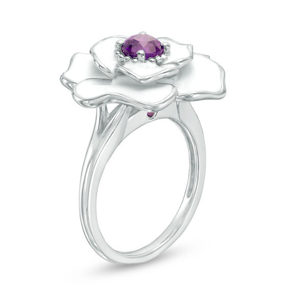 Amethyst with White Enamel Rose Ring in Sterling Silver