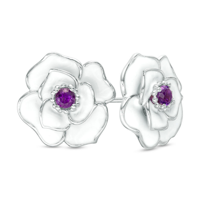 Main Image 1 of Amethyst with White Enamel Rose Stud Earrings in Sterling Silver