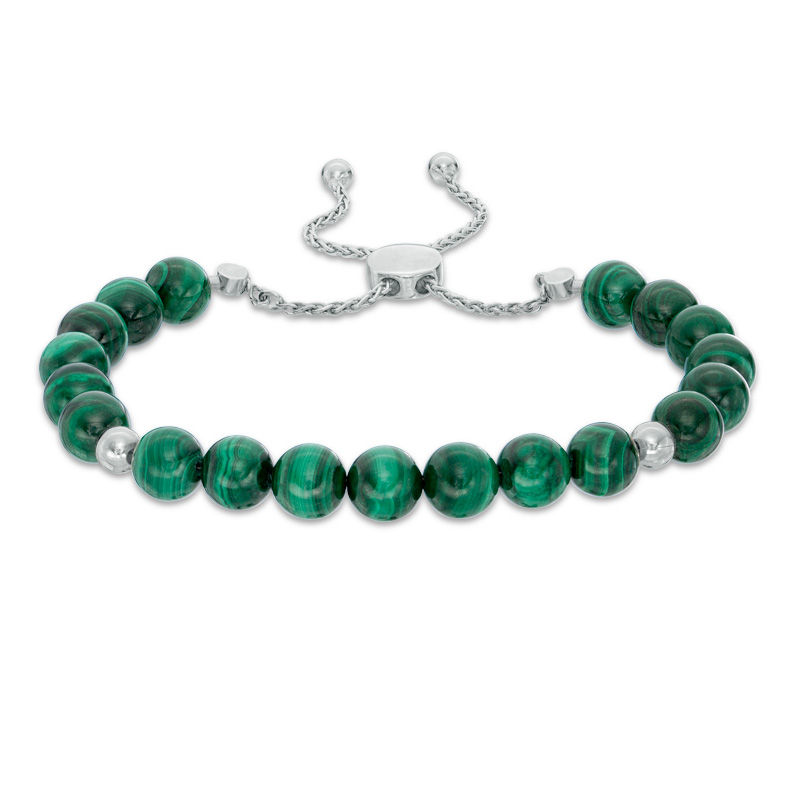 8.0mm Malachite Bead Bolo Bracelet in Sterling Silver - 9.0"