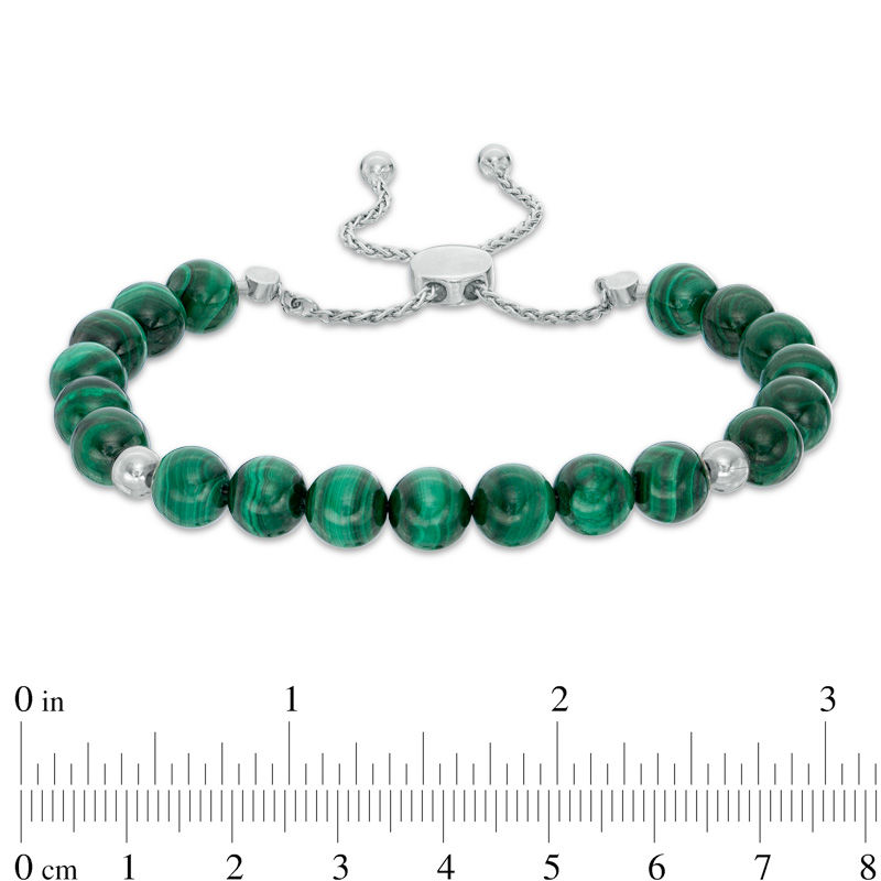 8.0mm Malachite Bead Bolo Bracelet in Sterling Silver - 9.0"