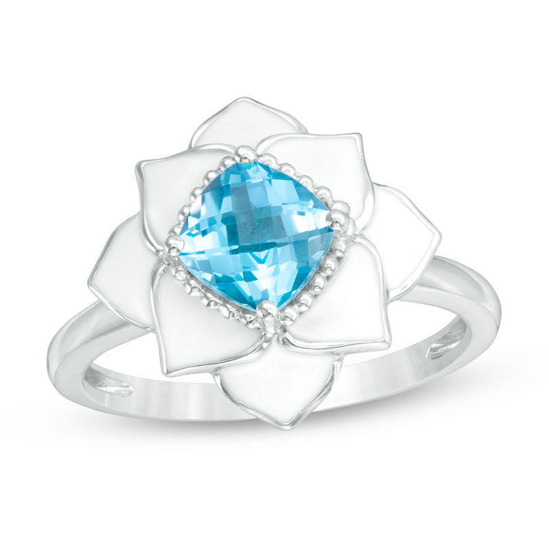 Main Image 1 of Cushion-Cut Swiss Blue Topaz with White Enamel Lotus Ring in Sterling Silver