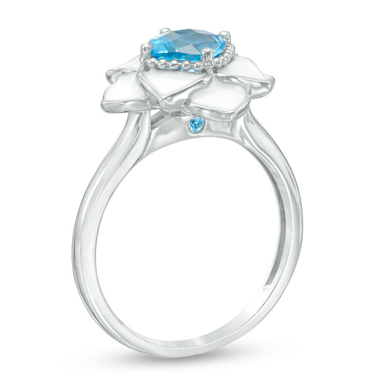 Blöem Cushion-Cut Swiss Blue Topaz with White Enamel Lotus Ring in Sterling Silver