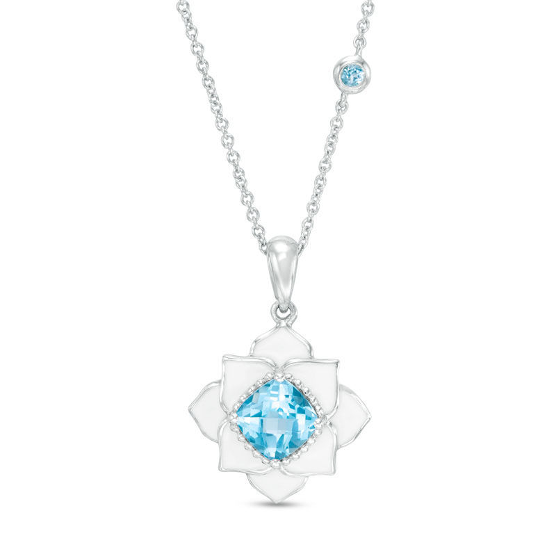 Main Image 1 of Cushion-Cut Swiss Blue Topaz with White Enamel Lotus Pendant in Sterling Silver