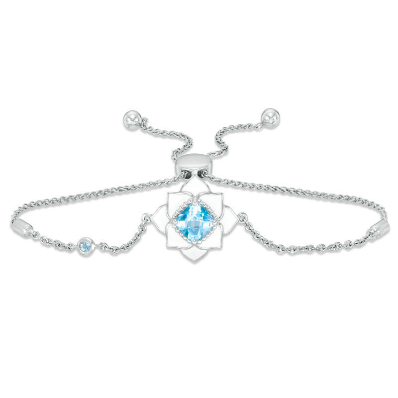Main Image 1 of Cushion-Cut Swiss Blue Topaz with White Enamel Lotus Bolo Bracelet in Sterling Silver - 9"