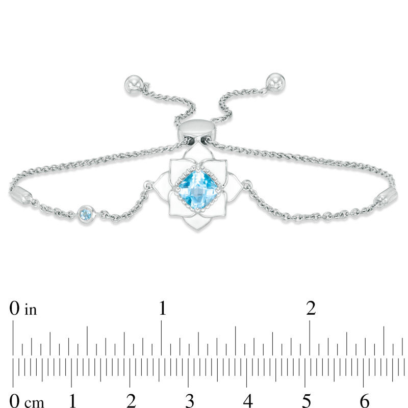 Main Image 2 of Cushion-Cut Swiss Blue Topaz with White Enamel Lotus Bolo Bracelet in Sterling Silver - 9"