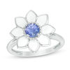 Thumbnail Image 1 of Lab-Created Ceylon Blue Sapphire with White Enamel Daisy Ring in Sterling Silver