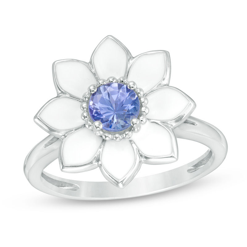 Main Image 1 of Lab-Created Ceylon Blue Sapphire with White Enamel Daisy Ring in Sterling Silver