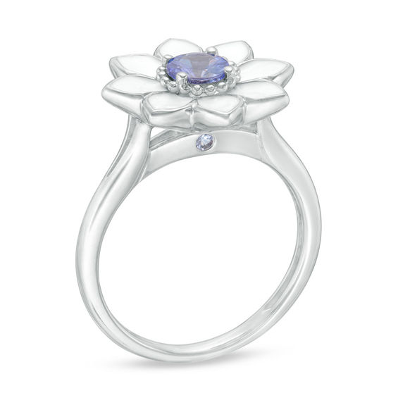 Lab-Created Ceylon Blue Sapphire with White Enamel Daisy Ring in Sterling Silver