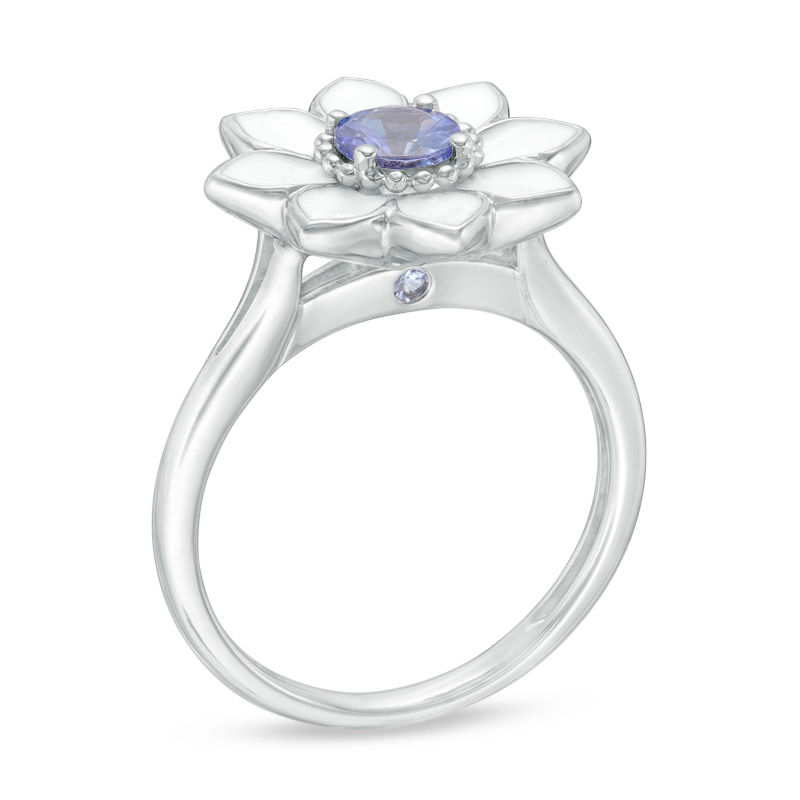 Main Image 2 of Lab-Created Ceylon Blue Sapphire with White Enamel Daisy Ring in Sterling Silver