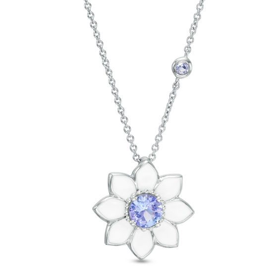 Lab-Created Ceylon Sapphire with White Enamel Daisy Pendant in Sterling Silver