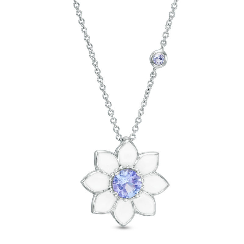 Main Image 1 of Lab-Created Ceylon Sapphire with White Enamel Daisy Pendant in Sterling Silver