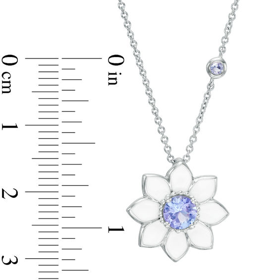 Lab-Created Ceylon Sapphire with White Enamel Daisy Pendant in Sterling Silver