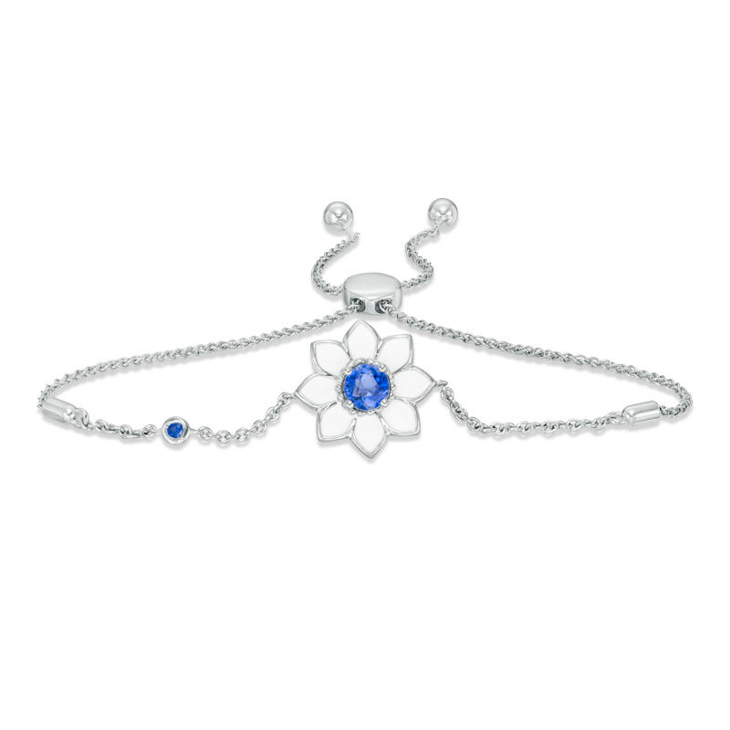 Main Image 1 of Lab-Created Ceylon Blue Sapphire with White Enamel Daisy Bolo Bracelet in Sterling Silver - 9"