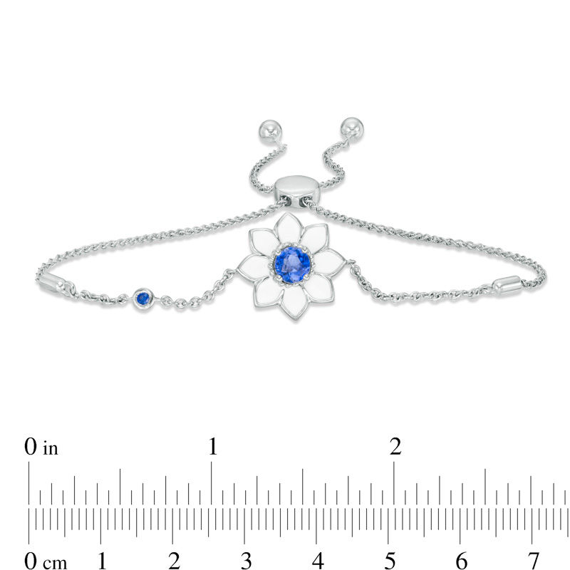 Main Image 2 of Lab-Created Ceylon Blue Sapphire with White Enamel Daisy Bolo Bracelet in Sterling Silver - 9"