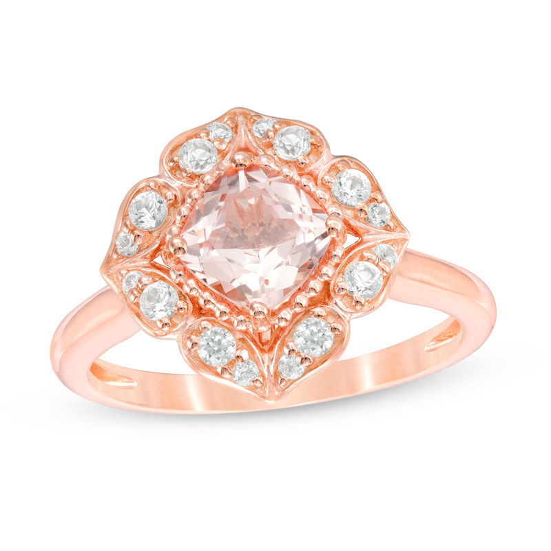 Main Image 1 of Cushion-Cut Morganite and White Sapphire Lotus Ring in 10K Rose Gold