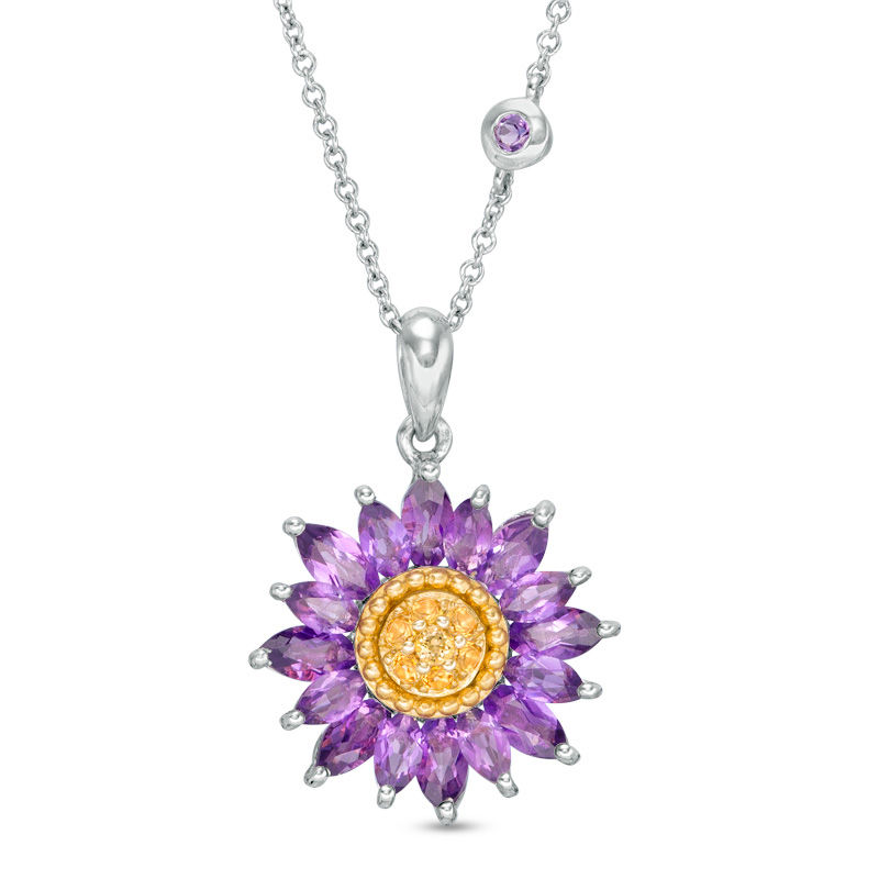 Main Image 1 of Marquise Amethyst and Citrine Chrysanthemum Pendant in 10K Two-Tone Gold