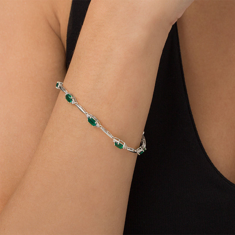 Main Image 2 of Oval Lab-Created Emerald and Diamond Accent Bracelet in Sterling Silver - 7.25"
