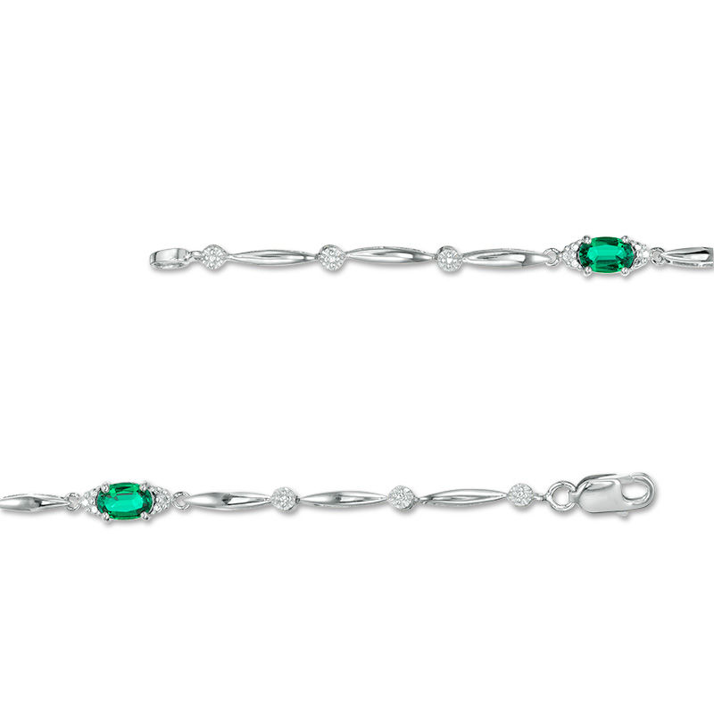 Main Image 3 of Oval Lab-Created Emerald and Diamond Accent Bracelet in Sterling Silver - 7.25"