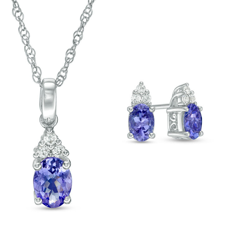 Oval Tanzanite and Lab-Created White Sapphire Pendant and Earrings Set in Sterling Silver