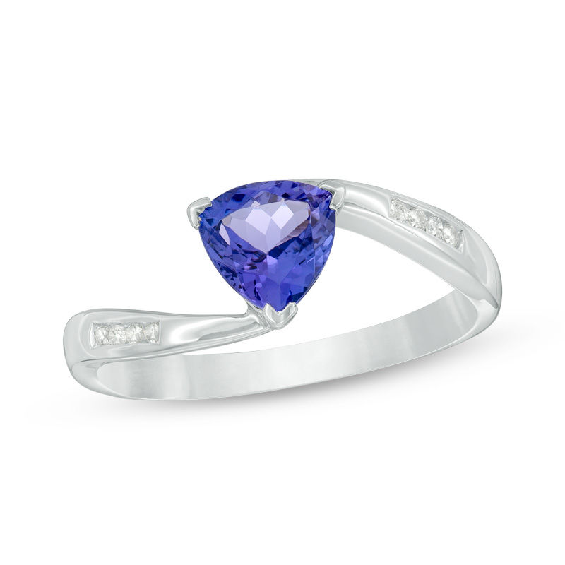 6.0mm Trillion-Cut Tanzanite and Diamond Accent Bypass Ring in Sterling Silver