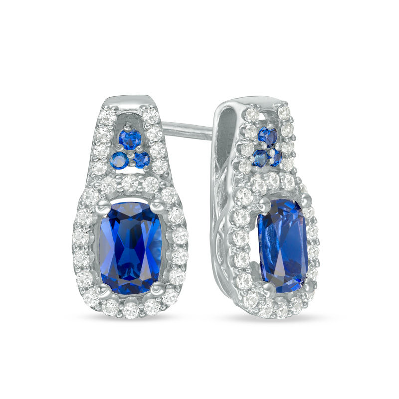 Main Image 1 of Cushion-Cut Lab-Created Blue and White Sapphire Frame Drop Earrings in Sterling Silver