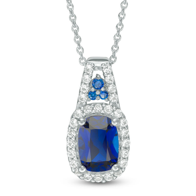 Main Image 1 of Cushion-Cut Lab-Created Blue and White Sapphire Frame Pendant in Sterling Silver