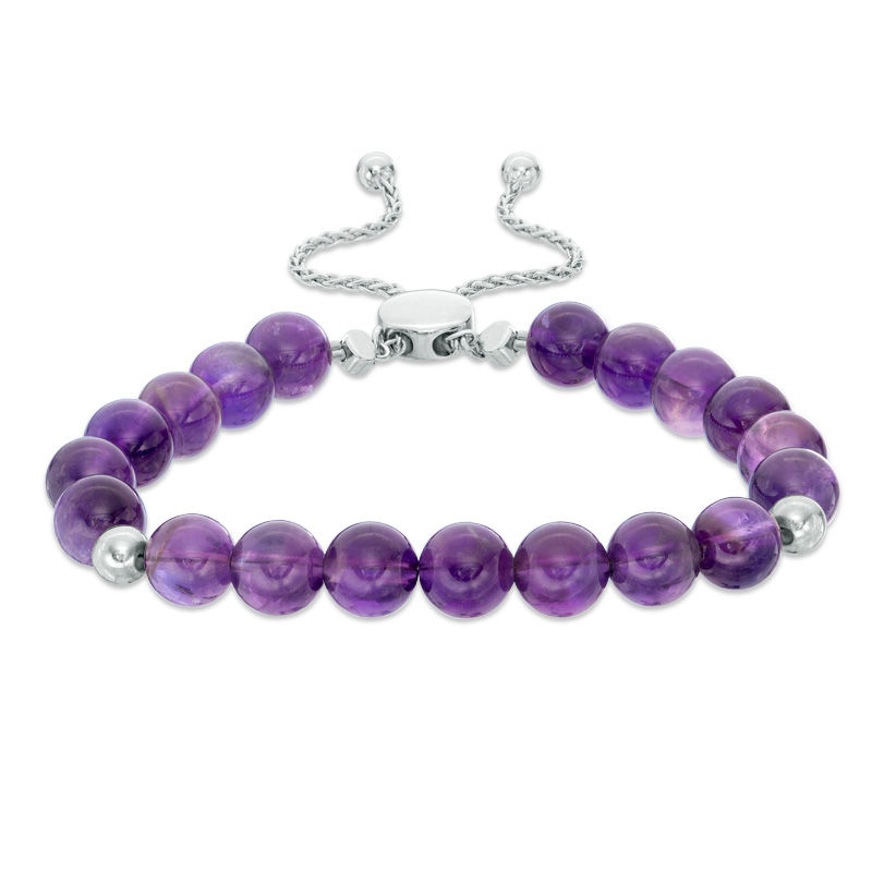 8.0mm Amethyst Bead Bolo Bracelet in Sterling Silver - 9.0"