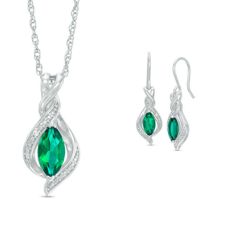 Main Image 1 of Marquise Lab-Created Emerald and White Sapphire Pendant and Drop Earrings Set in Sterling Silver