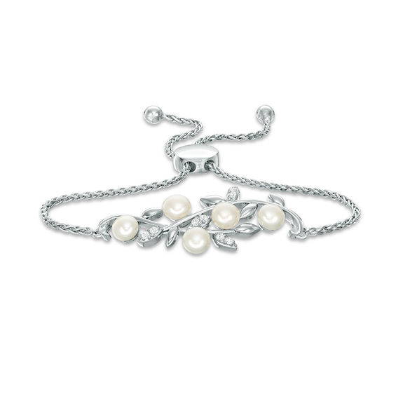 5.0-5.5mm Button Freshwater Cultured Pearl and Lab-Created White Sapphire Vine Bolo Bracelet in Sterling Silver-8.0"