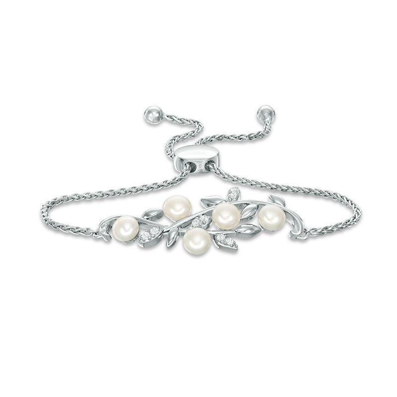 Main Image 1 of 5.0-5.5mm Button Freshwater Cultured Pearl and Lab-Created White Sapphire Vine Bolo Bracelet in Sterling Silver-8.0"