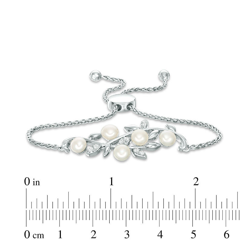 Main Image 2 of 5.0-5.5mm Button Freshwater Cultured Pearl and Lab-Created White Sapphire Vine Bolo Bracelet in Sterling Silver-8.0"
