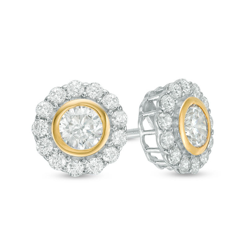 Main Image 1 of Lab-Created White Sapphire Frame Stud Earrings in Sterling Silver and 18K Gold Plate