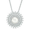 Thumbnail Image 1 of 7.0mm Freshwater Cultured Pearl and Lab-Created White Sapphire Sunburst Frame Pendant in Sterling Silver