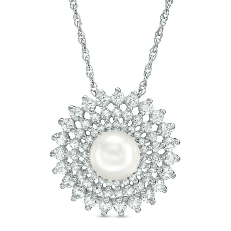 Main Image 1 of 7.0mm Freshwater Cultured Pearl and Lab-Created White Sapphire Sunburst Frame Pendant in Sterling Silver